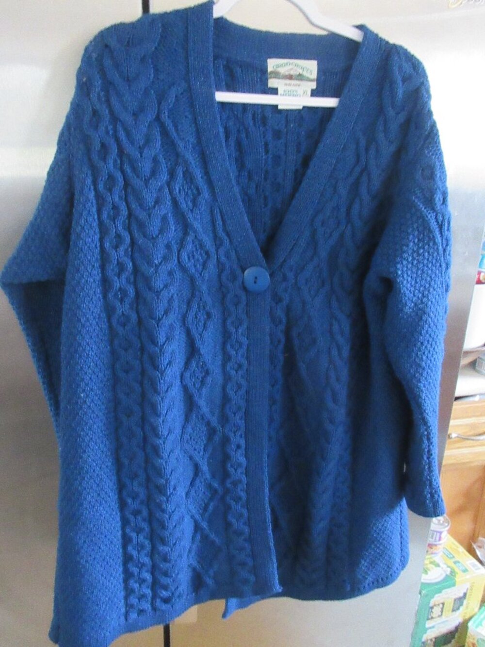 AranCrafts Irish 100% Wool Cardigan Sweater blue long knit xl sweatercoat